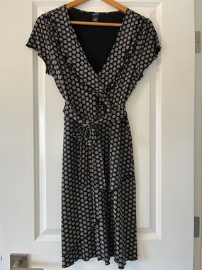 GAP Black Midi Wrap Dress with White Dot Print